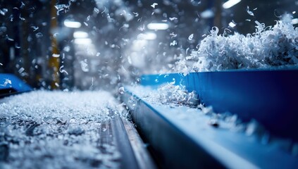 Shredded paper cascading from a machine