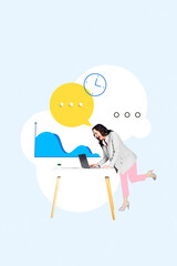 Banner image zine art pop trend collage of happy elderly businesswoman stand workplace surf laptop chart development deadline