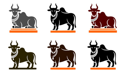 Fototapeta premium Nandi Bull Temple Statue 6 Set Vector Illustration | Indian Religious Silhouette Artwork | Shiva Sacred Symbol Design