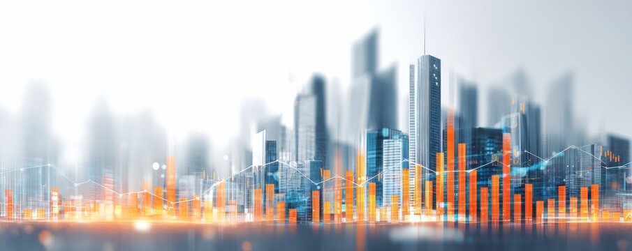 Abstract cityscape overlaid with financial data