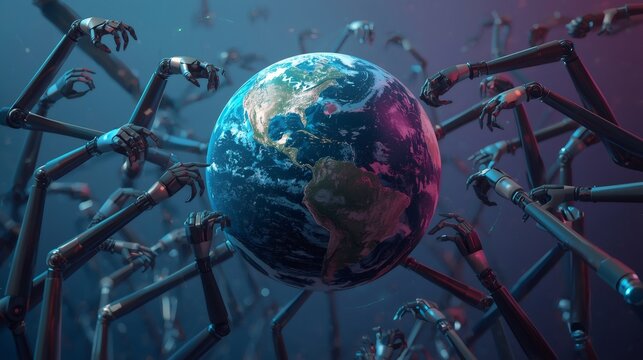 Robotic arms reaching for planet earth: artificial intelligence taking over world