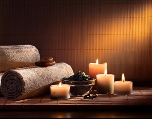 Serene spa ambiance with glowing candles, soft towels, and natural stones for ultimate relaxation and wellness.