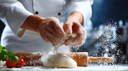 Skilled baker prepares dough with flour flying in a kitchen, focusing on the art of bread-making and culinary precision