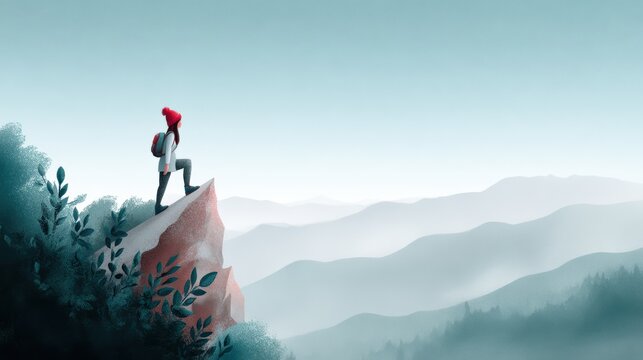 Red jacket woman hiker in painterly landscape illustration