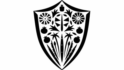 Black and white shield design featuring floral and fruit elements in a symmetrical arrangement on white background silhouette
