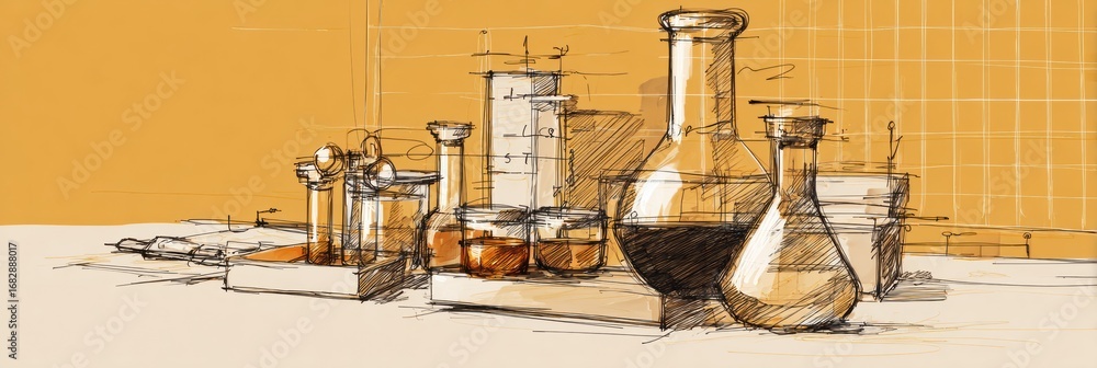 Poster scientific laboratory setup showcasing various glassware arranged systematically with a warm color b