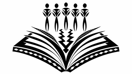Stylized tribal design featuring five figures above an open book with geometric patterns in black and white silhouette