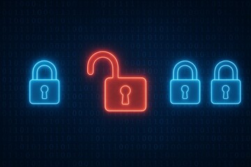 Cyber security risk digital hacking glowing unlocked padlock computer privacy data breach online safety technology vulnerability access control system red alert protection identity