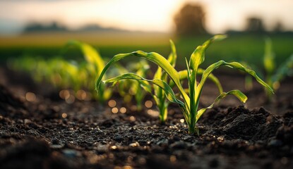 Young corn plants emerging from fertile soil at sunrise