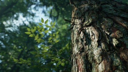 Obraz premium Close-up forest trunk, sunlight filtering