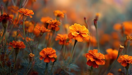 Obraz premium A field of vibrant orange marigolds in soft focus