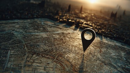 City map marker at sunset