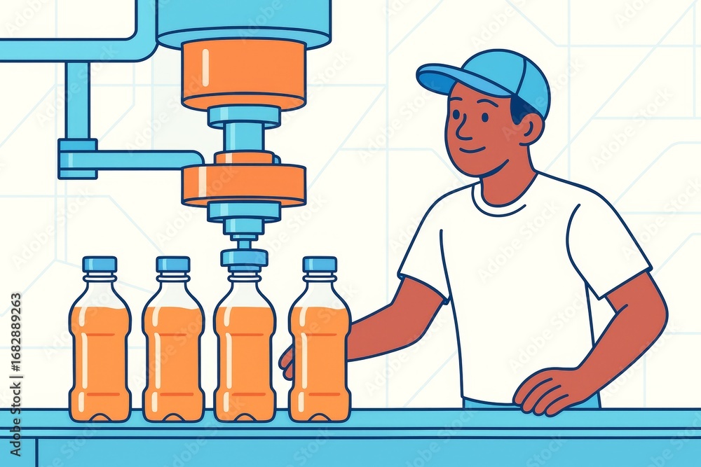 Aufkleber factory worker supervising automated juice bottling process in modern beverage production line with 