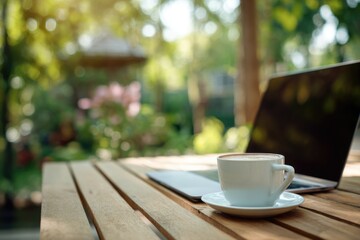 Fototapeta premium Laptop and cappuccino on a wooden table in an outdoor garden café, soft bokeh background with greenery.