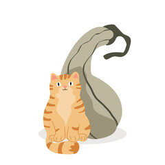 A cute illustration of a smiling ginger cat sitting nere the pumpkin. Perfect greeting card for autumn, Fall Halloween, Thanksgiving or pet designs.