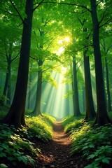 Obraz premium Lush green forest canopy in summer, dappled sunlight filtering through leaves, creating magical shadows on the forest floor Perfect for nature, travel, and environmental themes , wild, growth