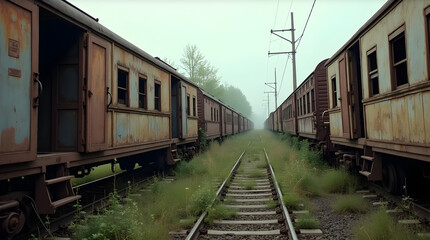 Obraz premium Abandoned train cars resting on overgrown tracks in foggy landscape