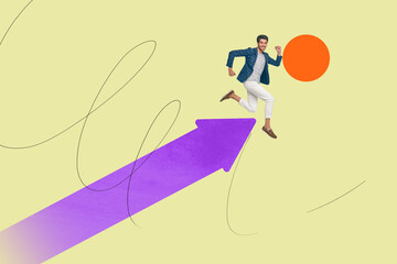 Full 3d zine pop trend collage of happy businessman businesswoman climb career ladder development goal promotion opportunity