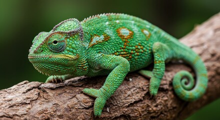 Obraz premium A vibrant green chameleon rests camouflaged on a textured tree branch, showcasing its intricate skin patterns and detailed texture.
