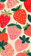 Simple and colorful illustration of strawberries. Pink pastel hues, simple line drawings, flat background