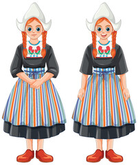 Dutch Girls in Traditional Folk Costume with Braided Hair