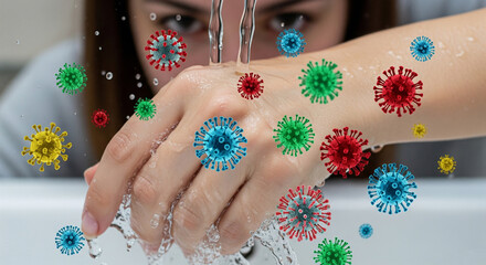 A woman seriously staring at colorful 3D graphics of bacteria and viruses and washing her hands