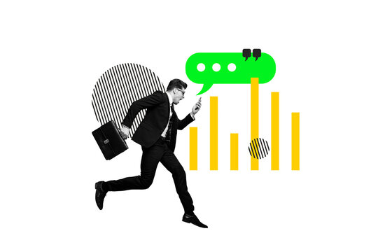 Creative full art image collage of puzzled businessman run chart development statistics hold phone message punctuality goal