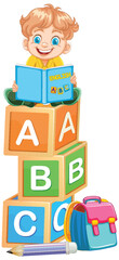 Obraz premium Smiling Child Reading on Alphabet Blocks Stack
