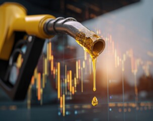 Fuel pump nozzle dripping golden oil onto financial data screen