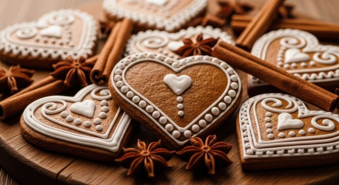 Heart shaped decorated cookies with cinnamon sticks and star anise