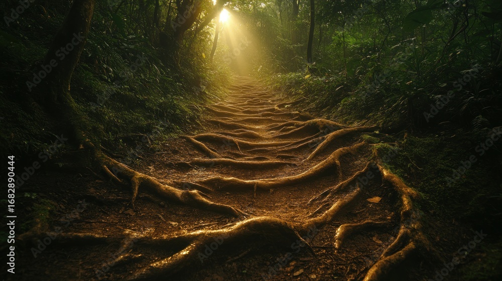 Poster sunlit forest path with glowing tree roots creating a mystical trail