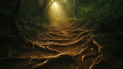Sunlit forest path with glowing tree roots creating a mystical trail