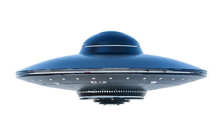 Futuristic flying saucer with glowing lights isolated on a transparent background 