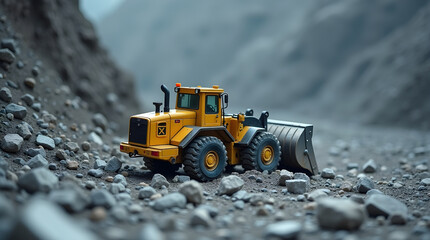 Yellow wheel loader working in a rock quarry