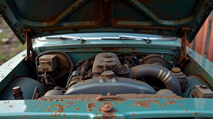 Rusty engine showing signs of age and wear in vintage vehicle