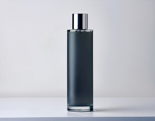 Elegant dark glass bottle with silver cap, perfect for luxury skincare or fragrance product shots.