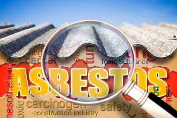 Old aged dangerous roof made of corrugated asbestos panels - infographic concept image