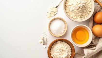A bright, top-down shot of ingredients flour, sugar, and eggs. Bowls and spoons display the foods. Fabric and utensils are partially visible