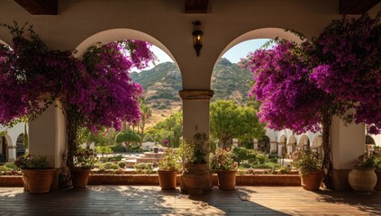 Fototapeta premium A sun-drenched courtyard with arched walkways, vibrant bougainvillea, and mountain views