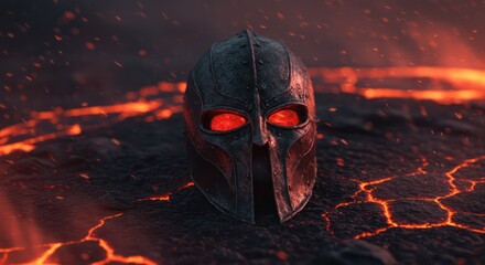 A weathered metal helmet with glowing eyes rests on volcanic rock, surrounded by fiery lava.