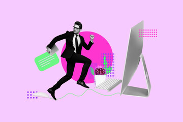 Banner sketch pop artwork collage of happy girl hold laptop bubble communication chat dialogue...
