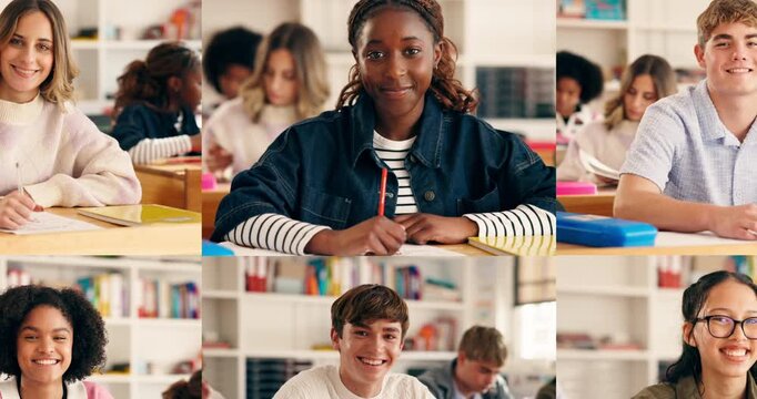 Face, student and girl in classroom, collage or writing exam, growth and development with education. Montage, teenager and learner with test in high school, confident and knowledge for assignment