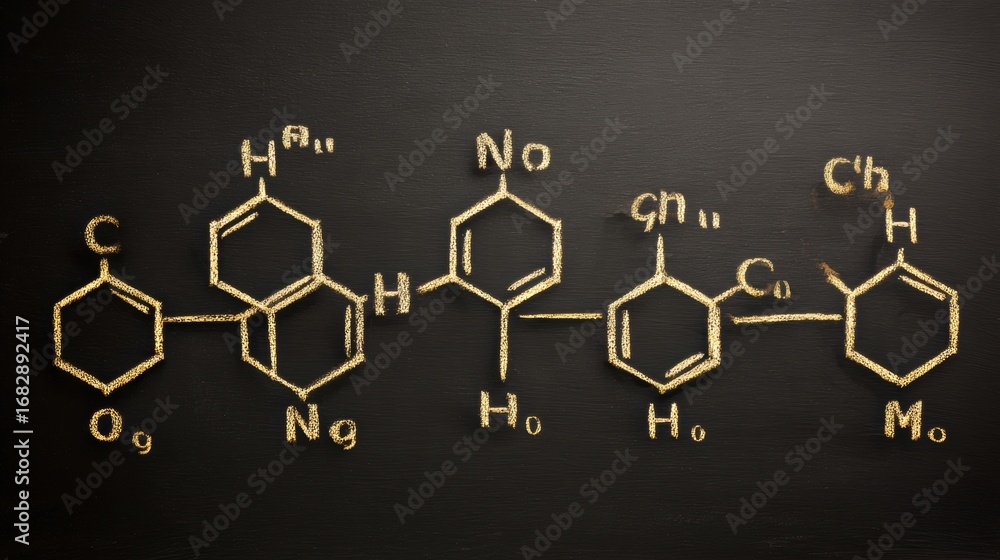 Poster chemical structures drawn on a blackboard showcasing organic compounds with associated molecular for