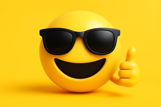 Funny smiley face wearing black sunglasses giving thumbs up positive cool 3d emoji character expressing humor happiness approval joy summer attitude isolated yellow