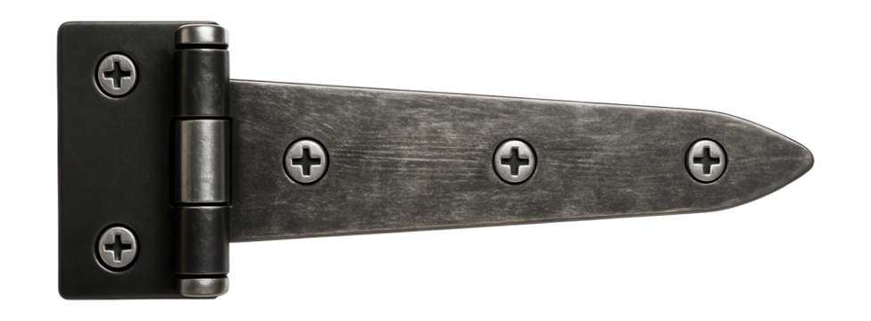 Surface-mounted strap hinge with a rustic finish for wooden chests.
