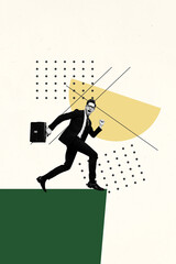 Vertical 3d pop poster banner collage of astonished businessman run geometric figure success...