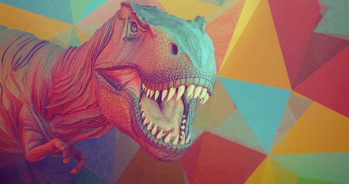 Beginning CGI T rex head cycling through red green red lighting before polygonal wall, copy space