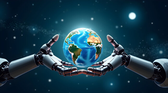 Robot hands holding planet earth in space: artificial intelligence protecting global environment - Powered by Adobe
