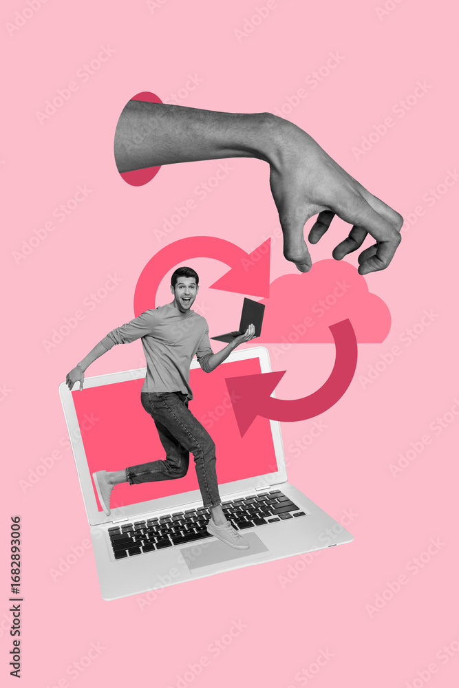 Poster sketch 3d photo collage trend of netbook device online remote virtual young man run smile huge hand 