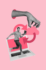 Sketch 3D photo collage trend of netbook device online remote virtual young man run smile huge hand gesture catch data cloud information